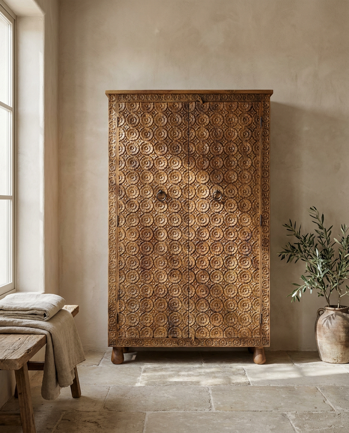 Hand-Carved Mango Wood Wardrobe – Natural Polished Finish