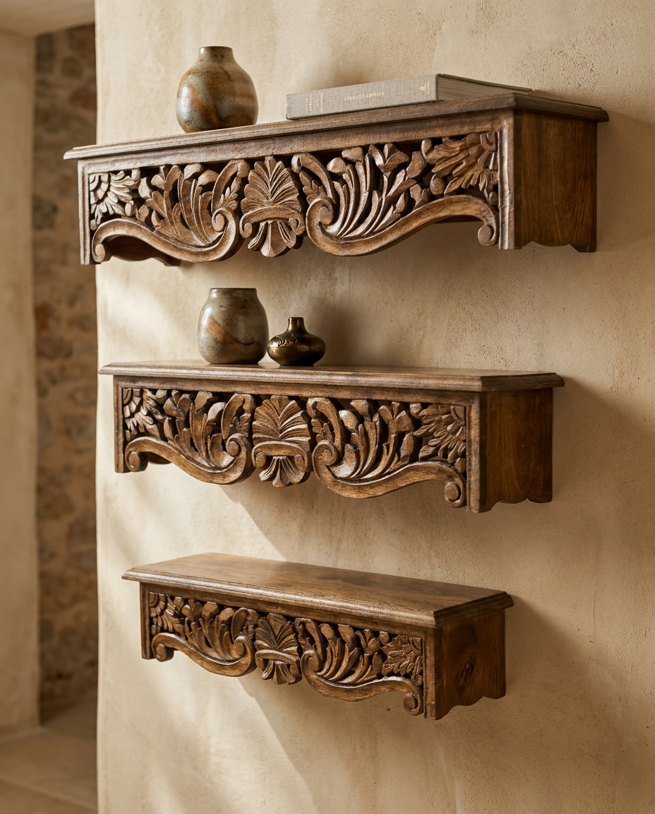 Hand-Carved Mango Wood Wall Shelves – Natural Finish (Set of 3)