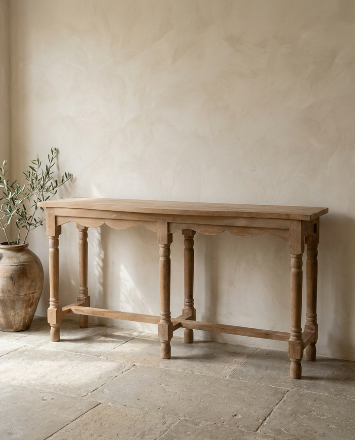 Handcrafted Mango Wood Console Table – Natural Polished Finish with Turned Legs