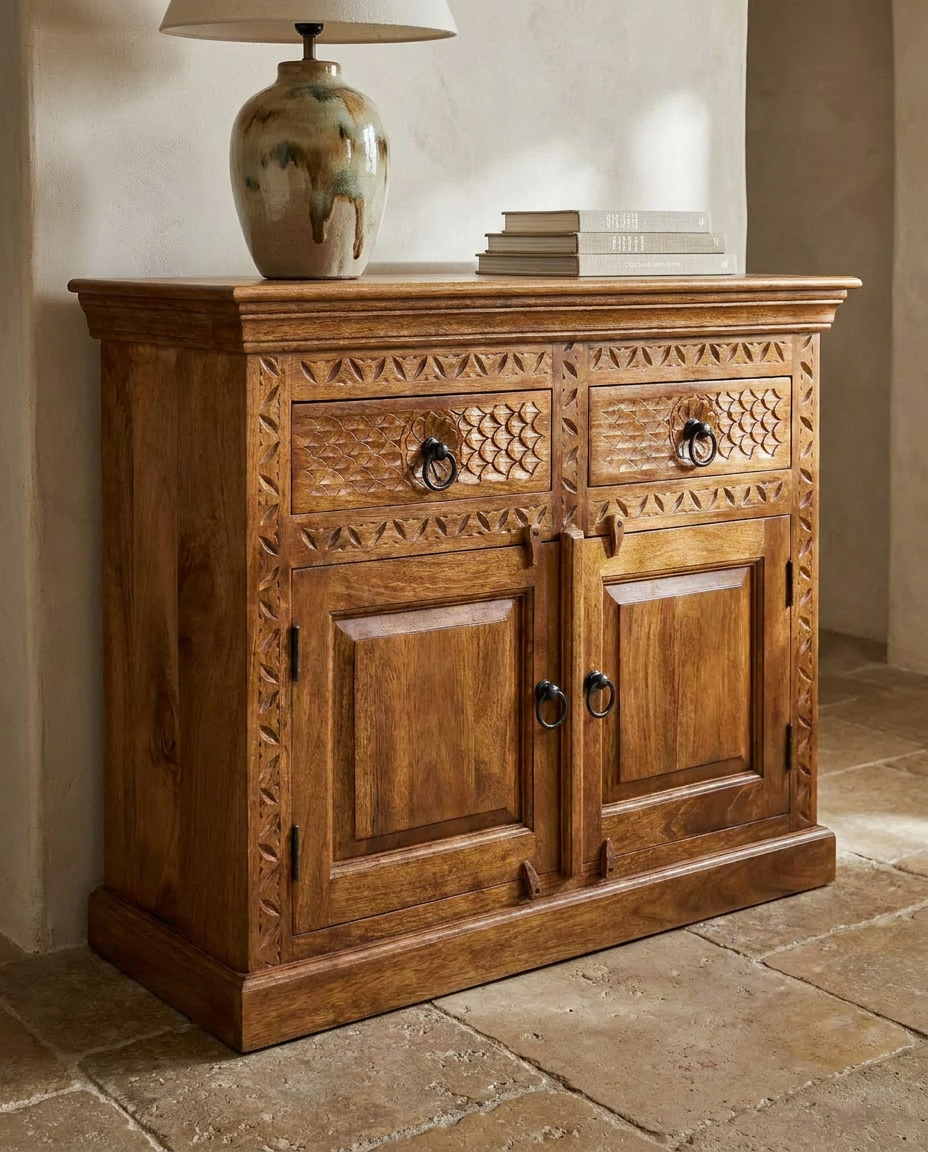 Hand-Carved Mango Wood Sideboard – Natural Polished Finish with 2 Doors &amp; 2 Drawers