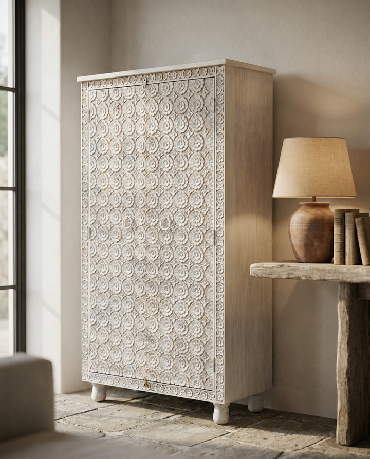 Hand-Carved Mango Wood Wardrobe – Whitewashed Floral Design