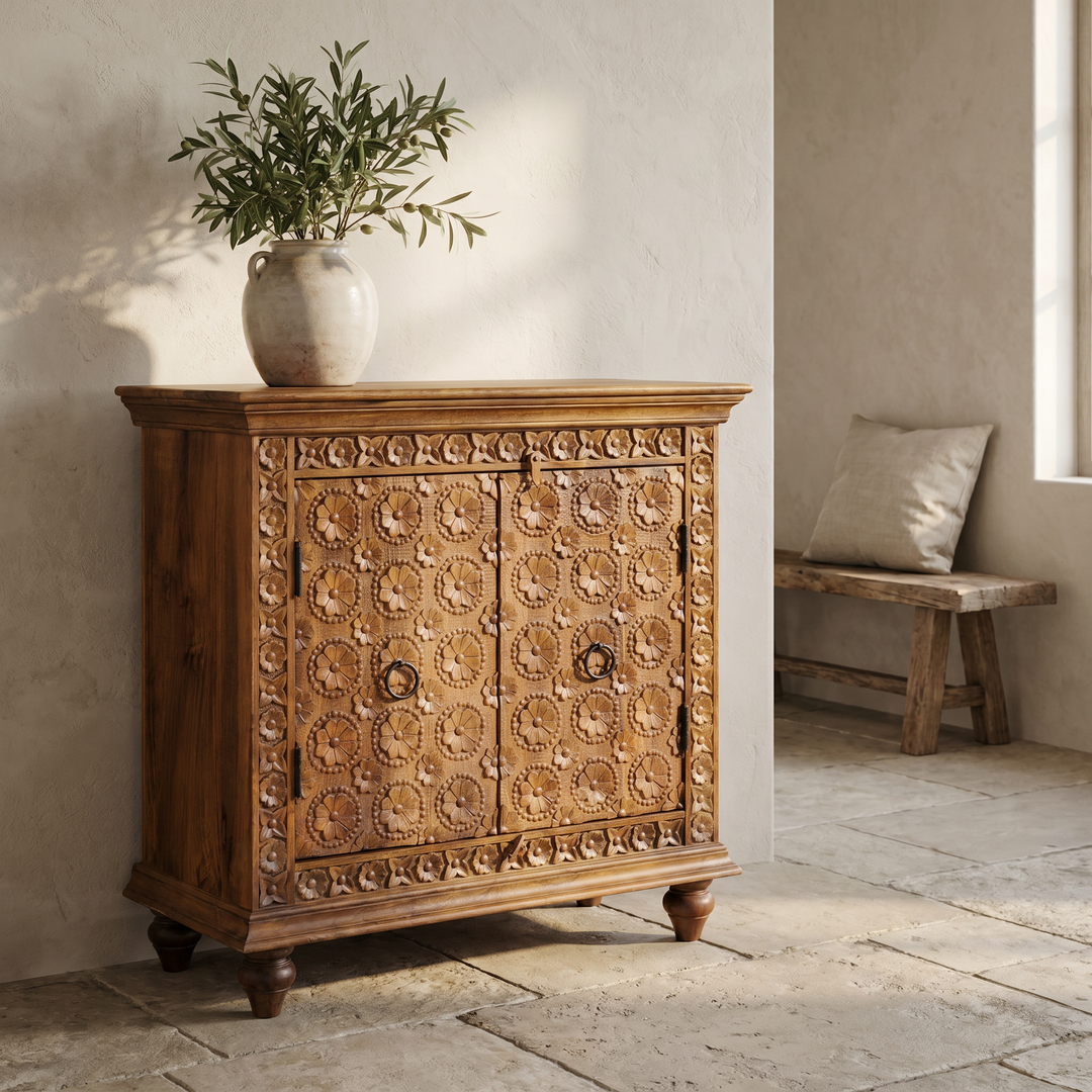 Hand-Carved Mango Wood Sideboard Cabinet – Natural Polished Finish