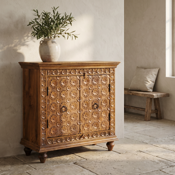 Hand-Carved Mango Wood Sideboard Cabinet – Natural Polished Finish
