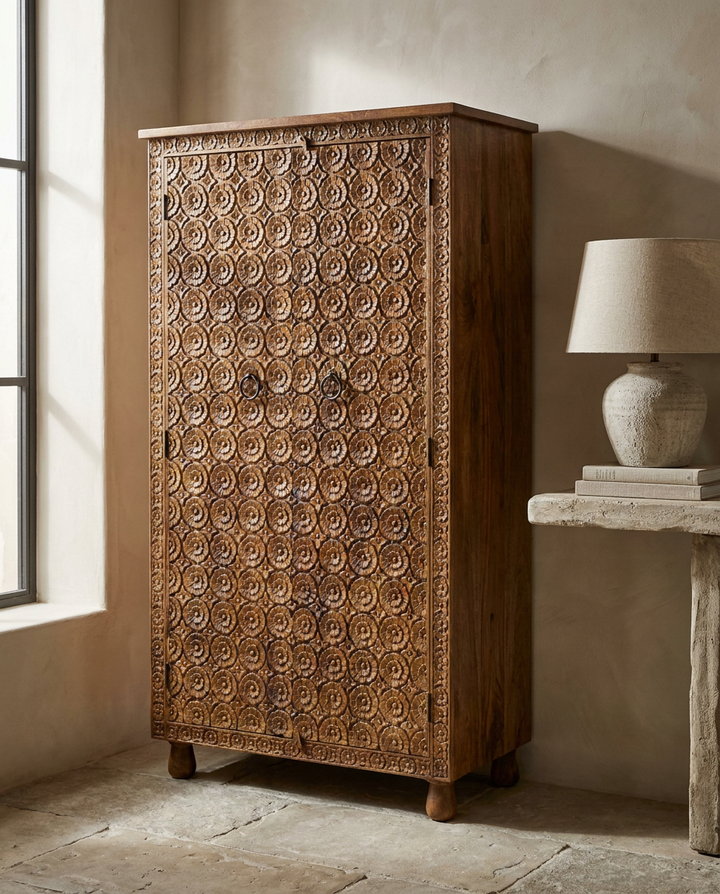 Hand-Carved Mango Wood Wardrobe – Natural Polished Finish
