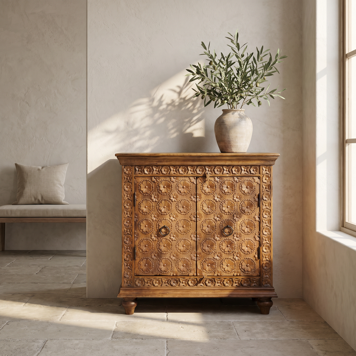 Hand-Carved Mango Wood Sideboard Cabinet – Natural Polished Finish