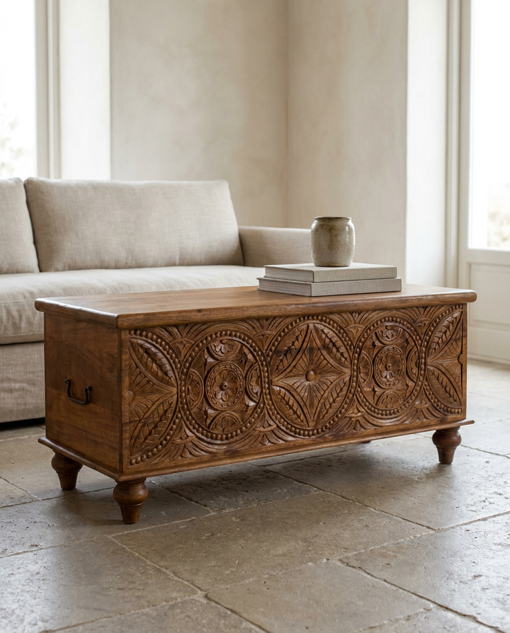 Ornately Carved Mango Wood Storage Box – Natural Polished Finish