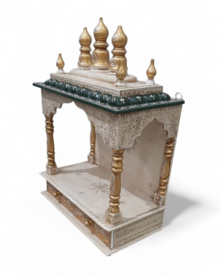 Hand-Carved Mango Wood Mandir – Natural & Green with Dome Finials