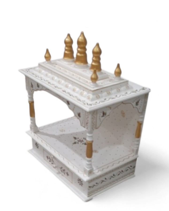 Hand-Painted Ivory Mango Wood Mandir – Floral Motifs & Gold Domes
