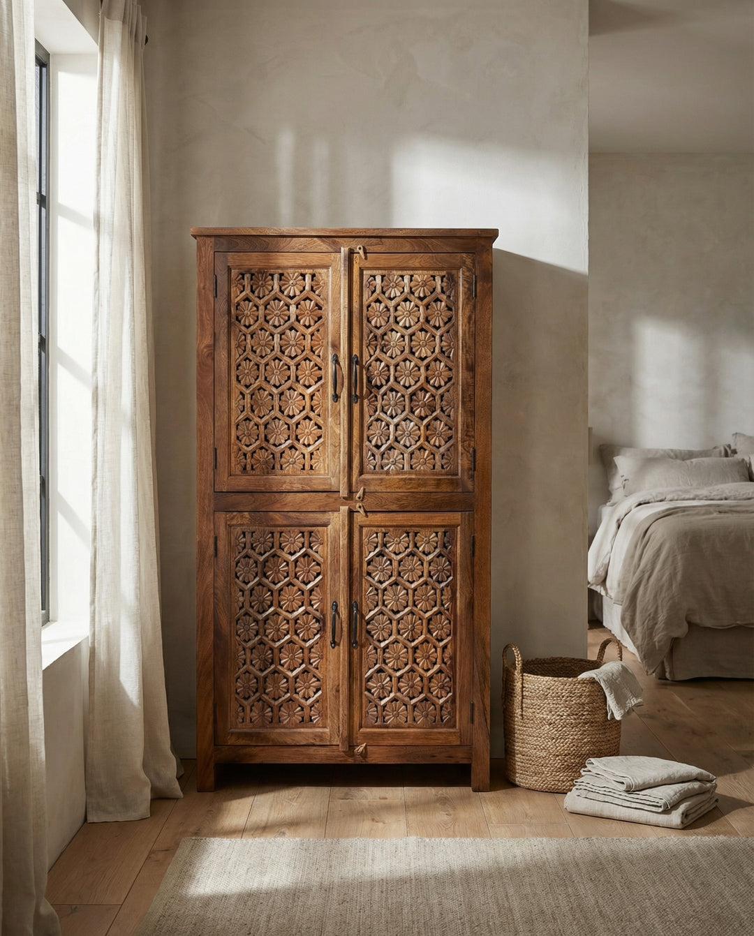 Hand-Carved Mango Wood Armoire with Jali Openwork Doors