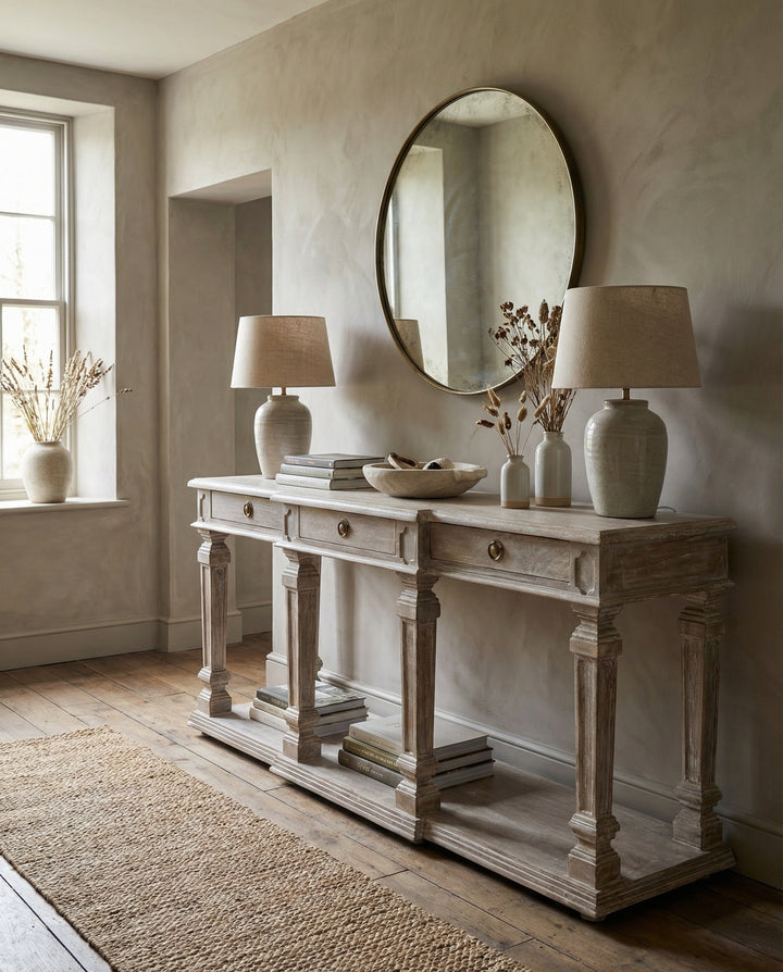 Whitewashed Mango Wood Imperial Console Table with Drawers and Shelf