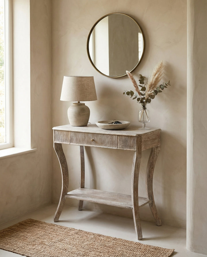 Lightly Whitewashed Mango Wood Console Table with Drawer and Shelf