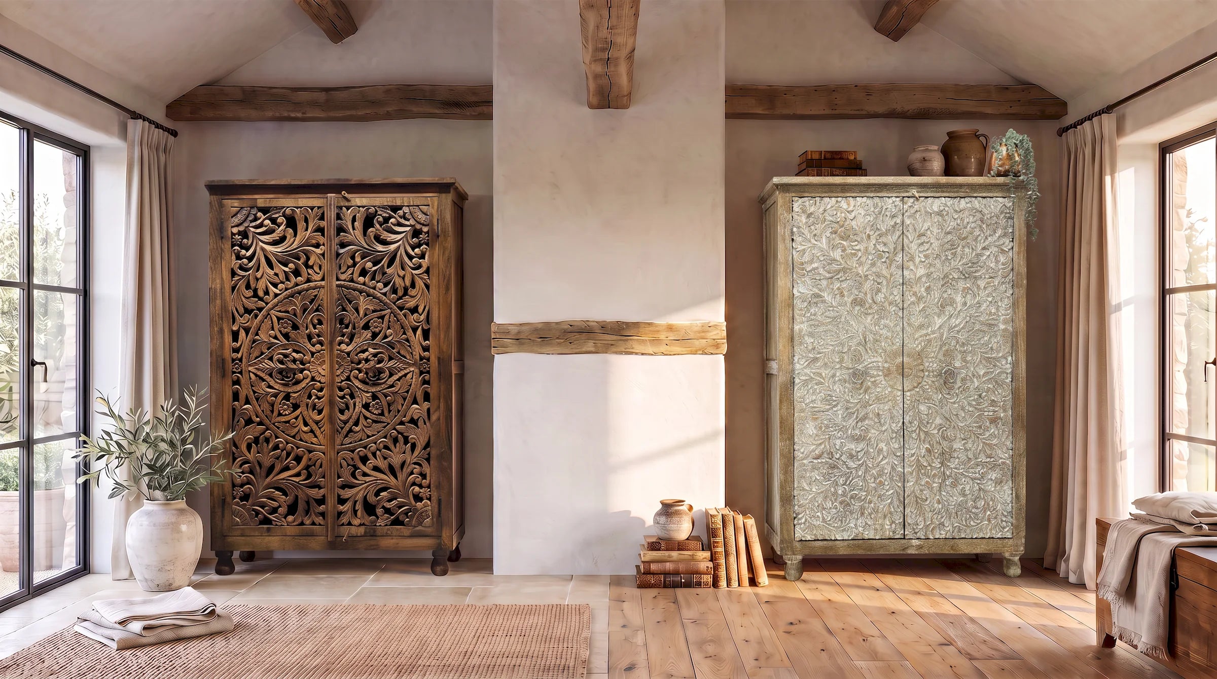 A rustic interior room with two tall wooden armoires: one dark carved wood cabinet on the left and one lighter textured cabinet on the right, set against a cream wall with exposed wooden beams and large windows.
