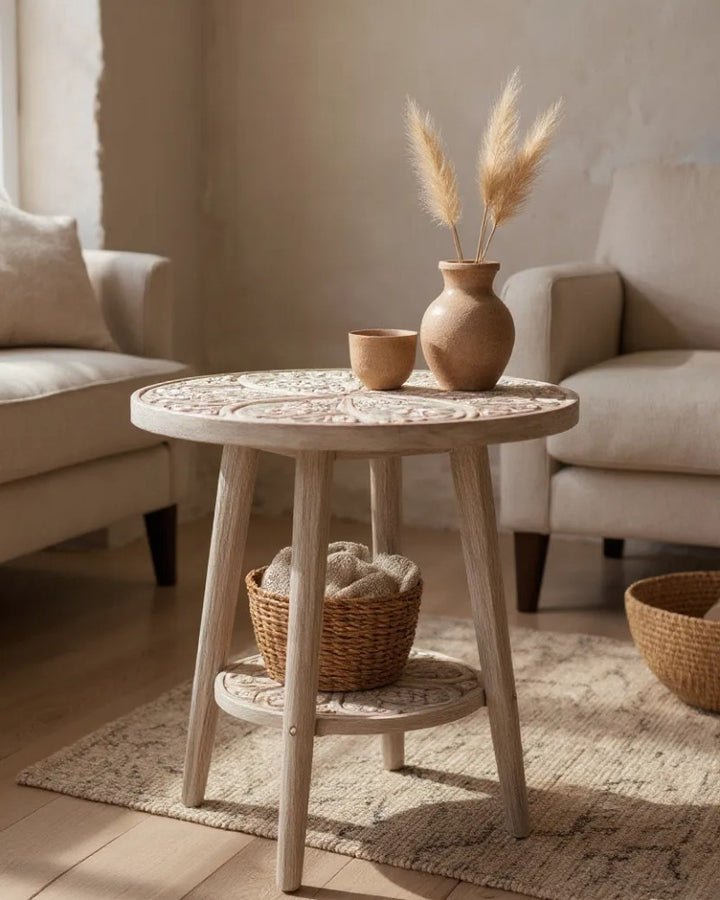 Hand-Carved Mango Wood Circular Side Table with Shelf – Creamwash Floral Design