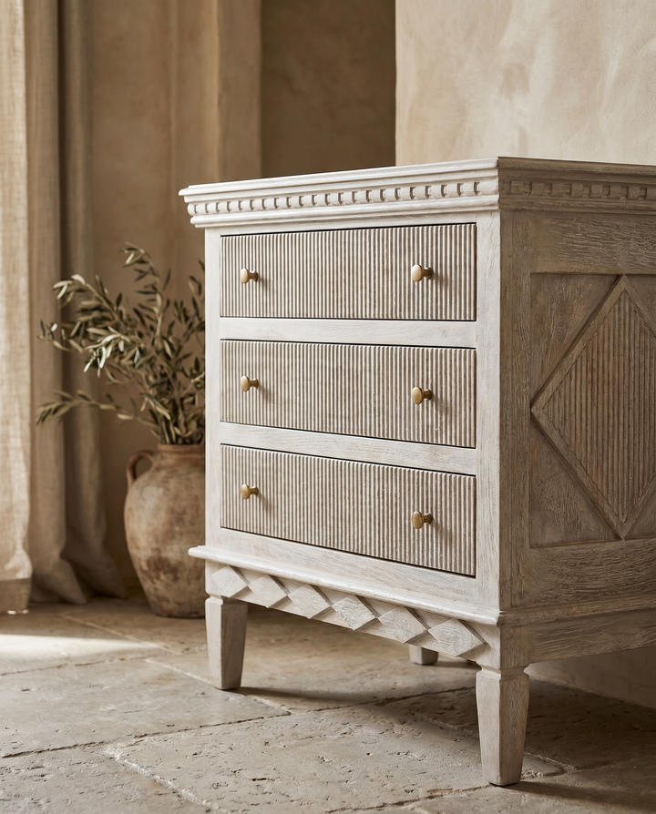 Hand-Carved Mango Wood 3 Drawer Chest – Light Walnut White Wash