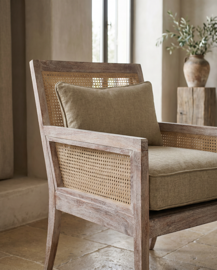Rattan &amp; Acacia Wood Armchair with Linen Upholstery – Natural Finish