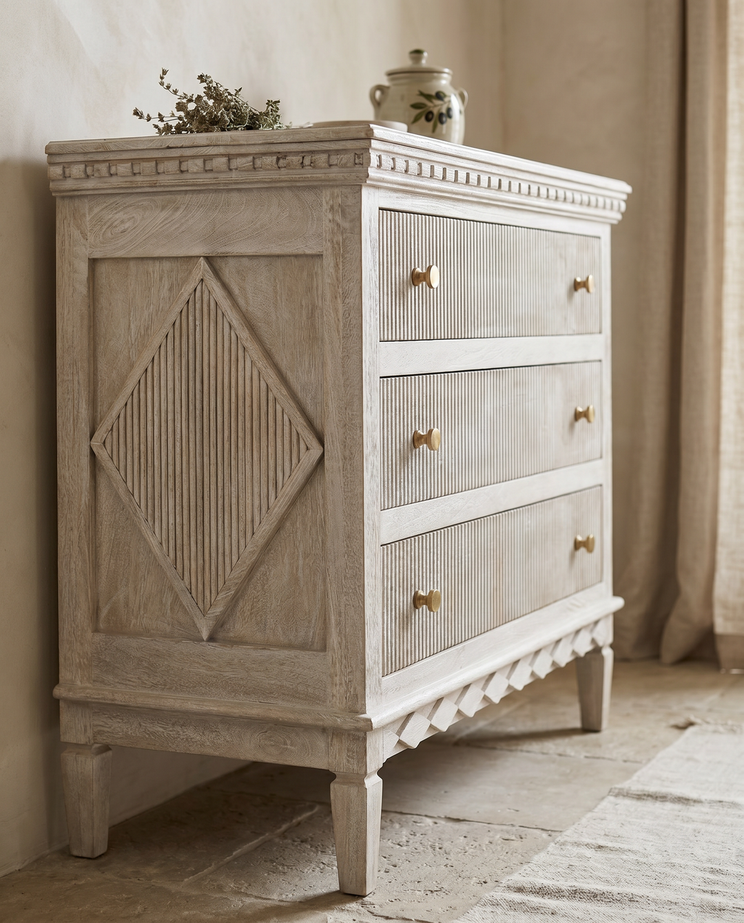 Hand-Carved Mango Wood Chest of Drawers – Light Walnut White Wash