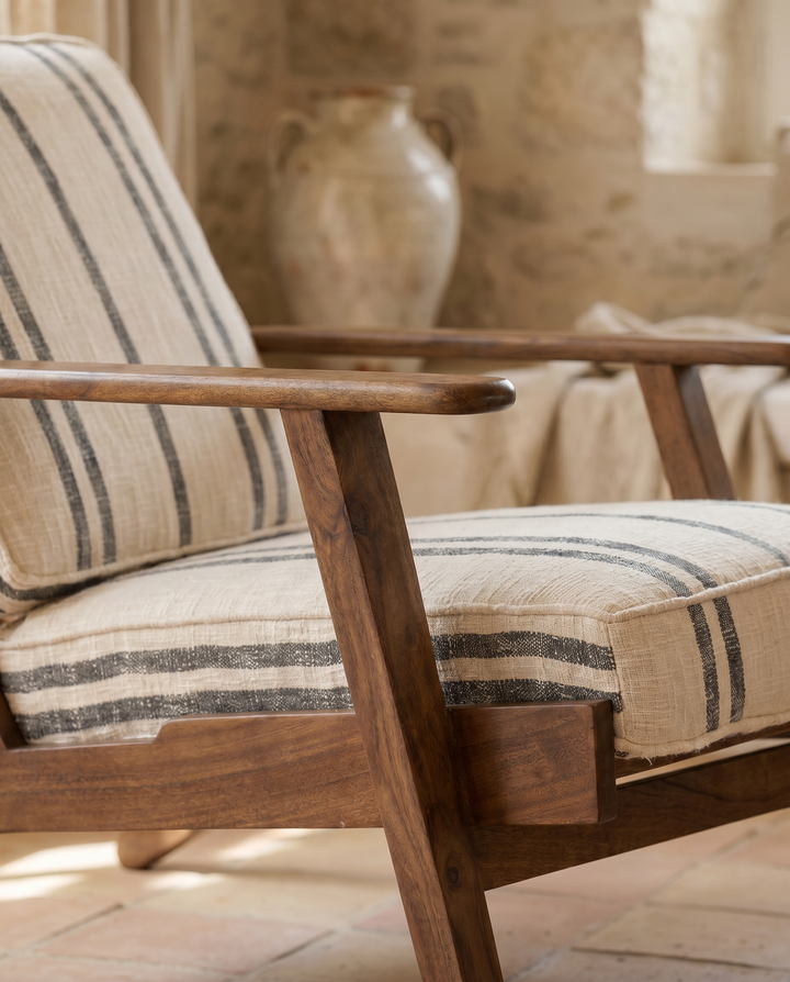 Farmhouse Acacia Wood Armchair with Striped Linen Upholstery