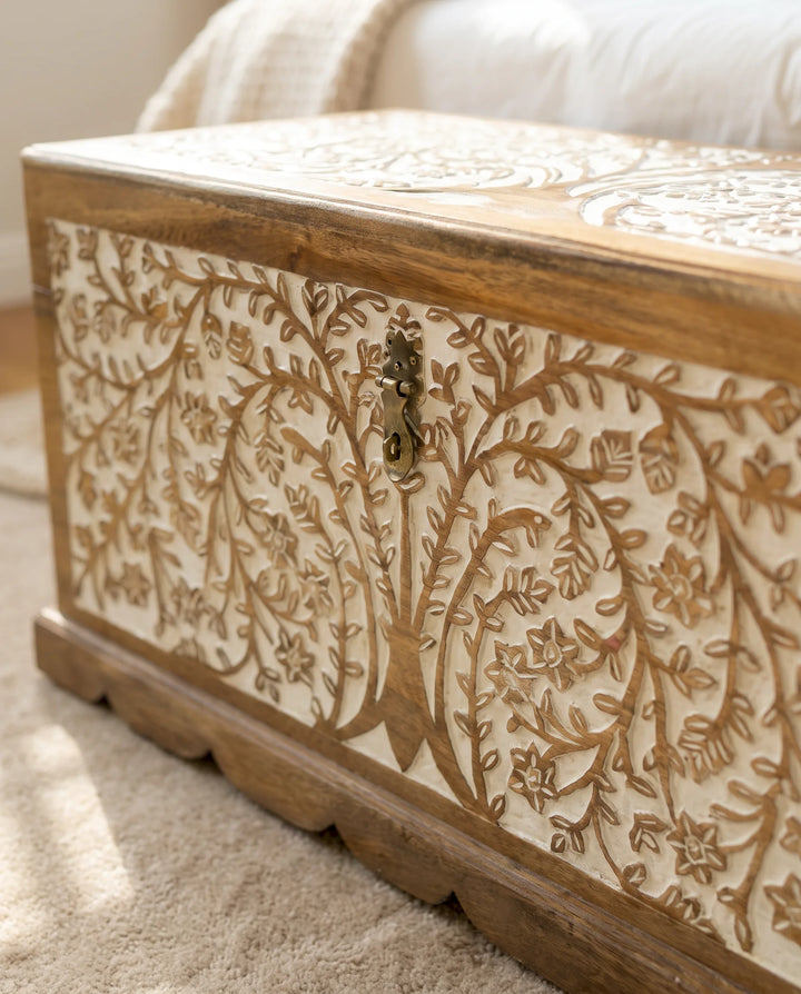 Hand-Carved Mango Wood Trunk – Tree of Life Design with Whitewashed Finish