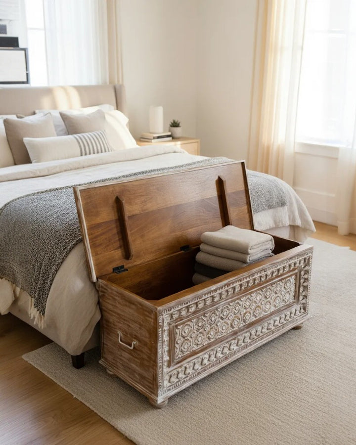 Hand-Carved Mango Wood Trunk – Whitewashed Finish with Traditional Detailing