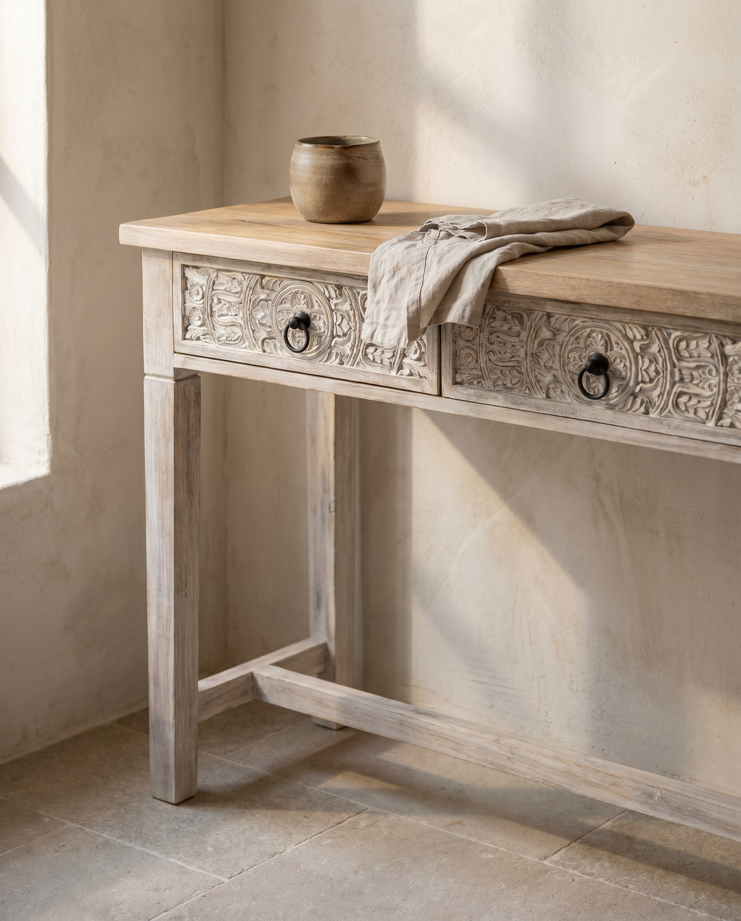 Hand-Carved Mango Wood Console Table – Creamwashed Finish with Two Drawers