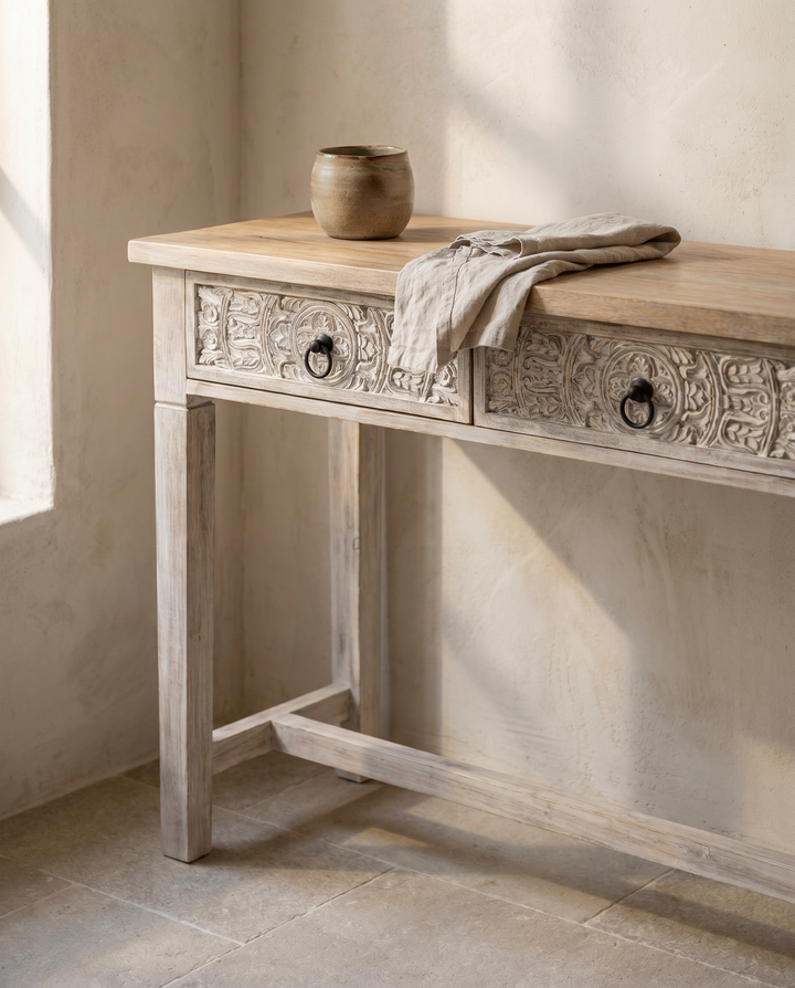 Hand-Carved Mango Wood Console Table – Creamwashed Finish with Two Drawers