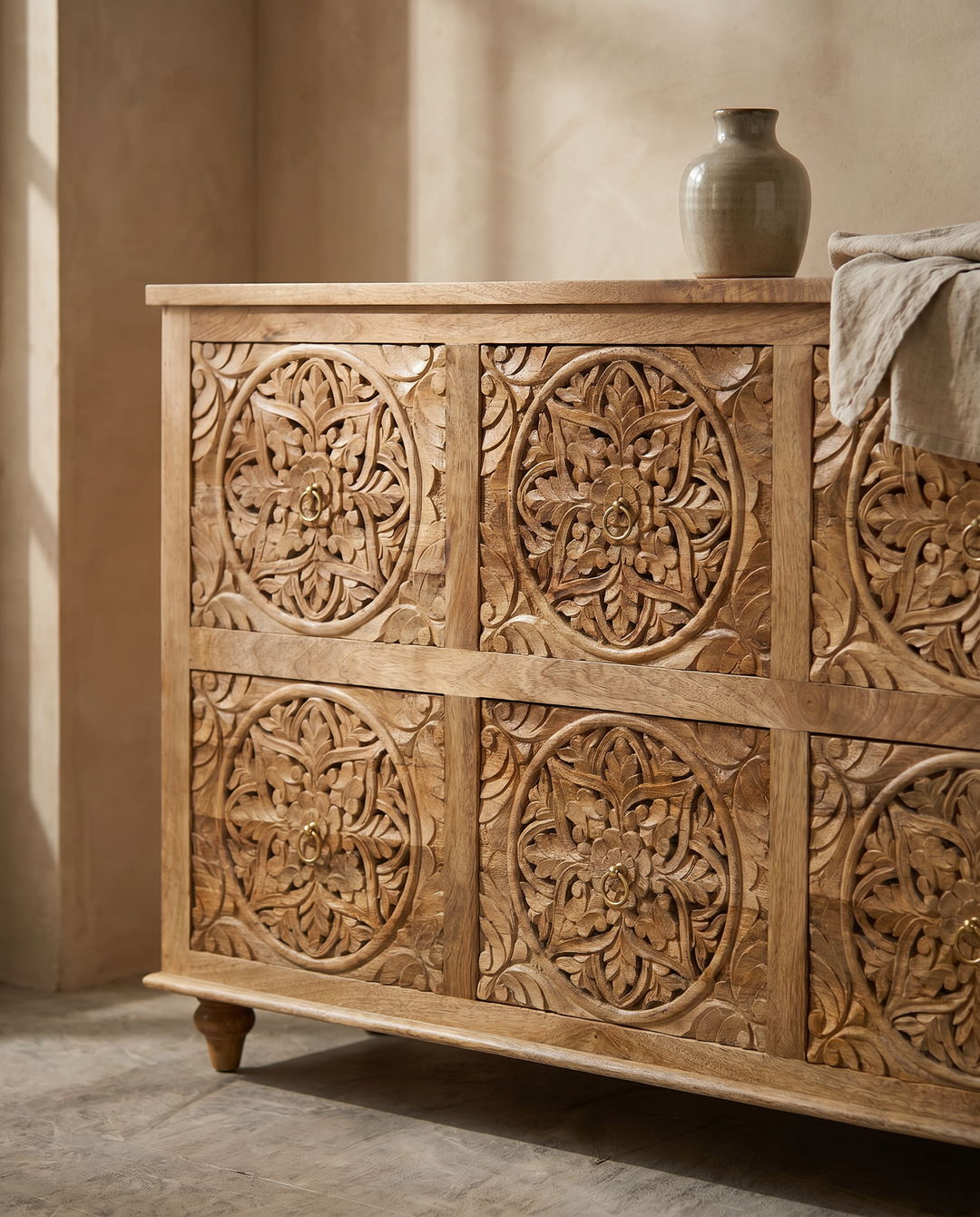 Hand-Carved Mango Wood Chest of Drawers – Natural Polished Floral Design