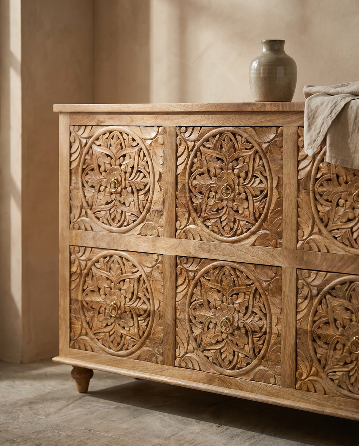 Hand-Carved Mango Wood Chest of Drawers – Natural Polished Floral Design