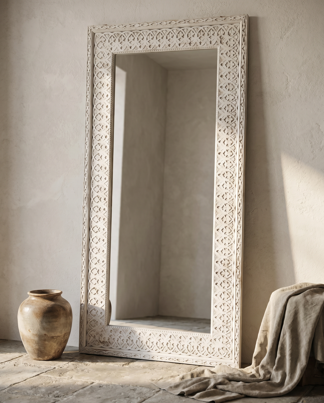 Large Whitewashed Mango Wood Mirror – Hand-Carved Full Length Frame