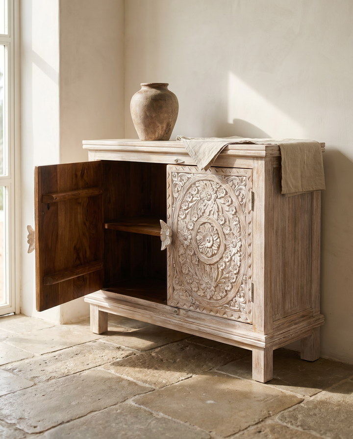 Hand-Carved Mango Wood Sideboard – Creamwashed Floral Double Door Cabinet