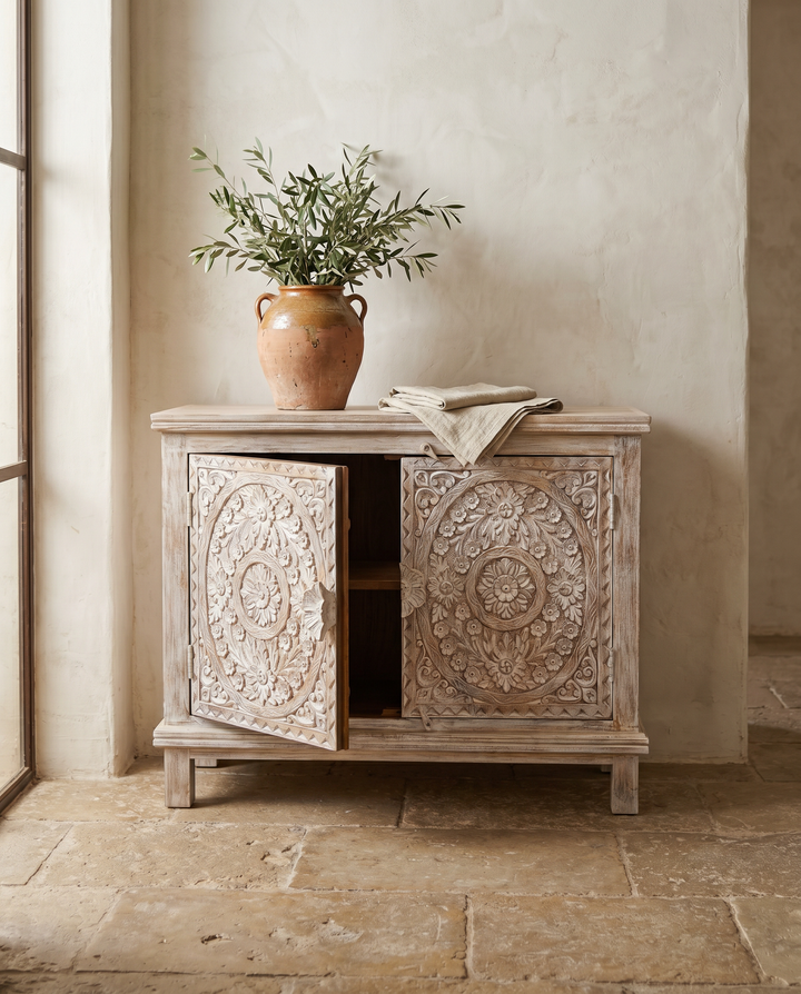 Hand-Carved Mango Wood Sideboard – Creamwashed Floral Double Door Cabinet