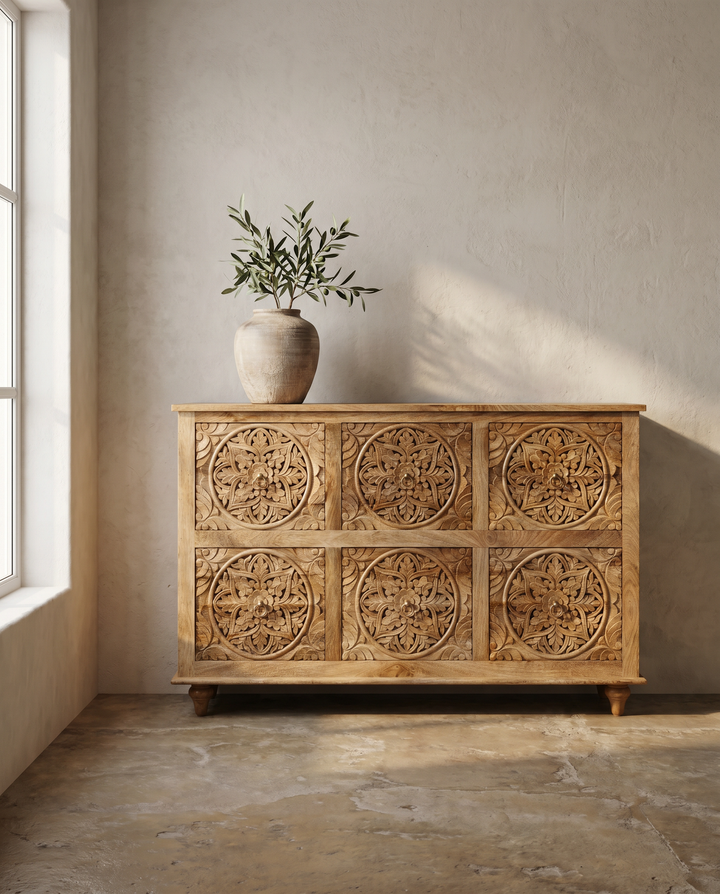 Hand-Carved Mango Wood Chest of Drawers – Natural Polished Floral Design