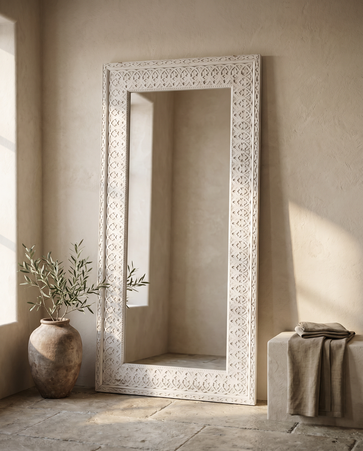 Large Whitewashed Mango Wood Mirror – Hand-Carved Full Length Frame