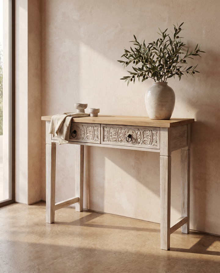 Hand-Carved Mango Wood Console Table – Creamwashed Finish with Two Drawers