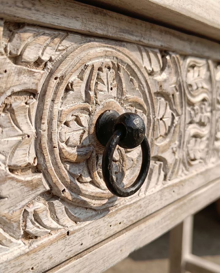 Hand-Carved Mango Wood Console Table – Creamwashed Finish with Two Drawers