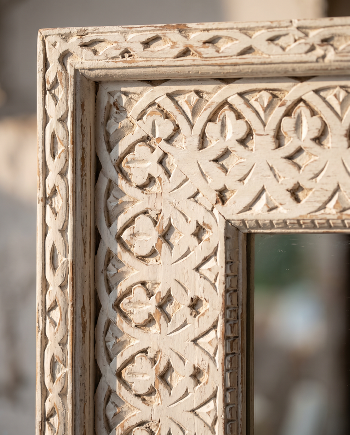 Large Whitewashed Mango Wood Mirror – Hand-Carved Full Length Frame