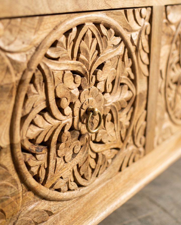 Hand-Carved Mango Wood Chest of Drawers – Natural Polished Floral Design