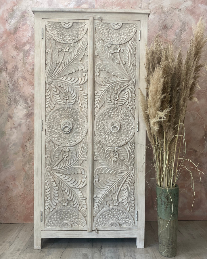 Hand Carved Floral Patterned Armoire / Wardrobe