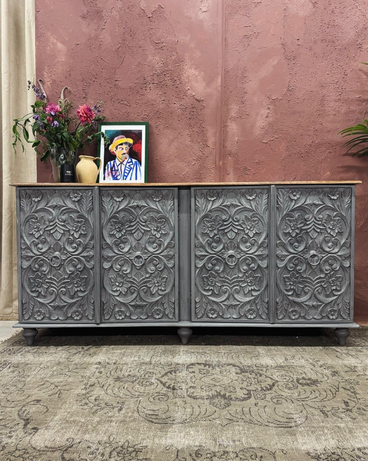 Intricately Hand Carved Mango Wood Four Door Sideboard