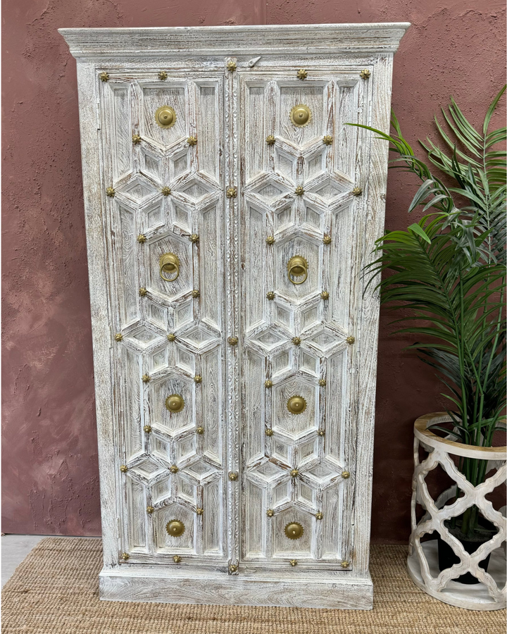 Natural Mango Wood Hand Carved Armoire / Cabinet