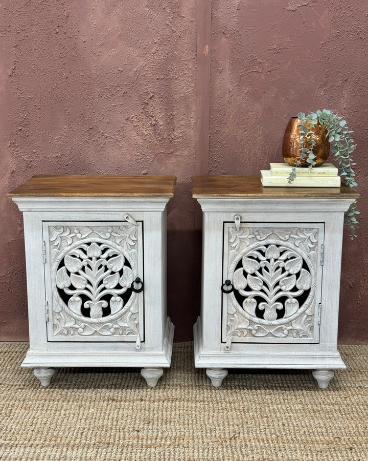 Pair of Small Hand Carved Bedside Tables