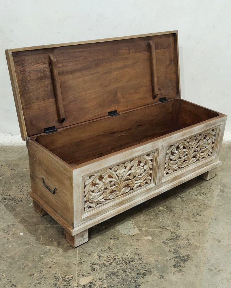 Long Hand Carved Mango Wood Storage Box