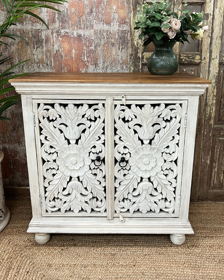 Elegant Whitewashed Hand-Carved Mango Wood Sideboard