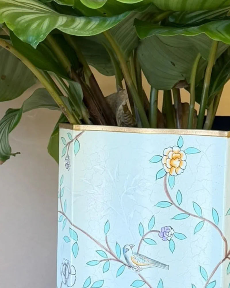 Botanical Floral Iron Planter – Pastel Turquoise Decorative Plant Pot