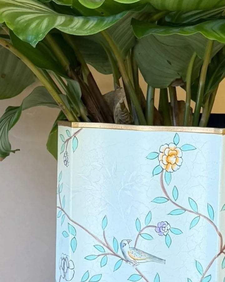 Botanical Floral Iron Planter – Pastel Turquoise Decorative Plant Pot