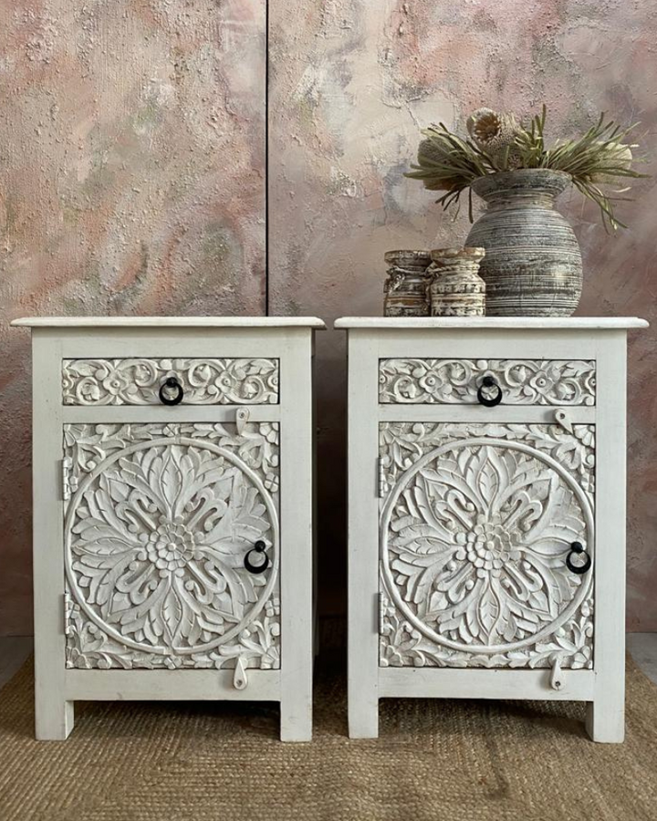 Pair of hand carved white bedside Tables