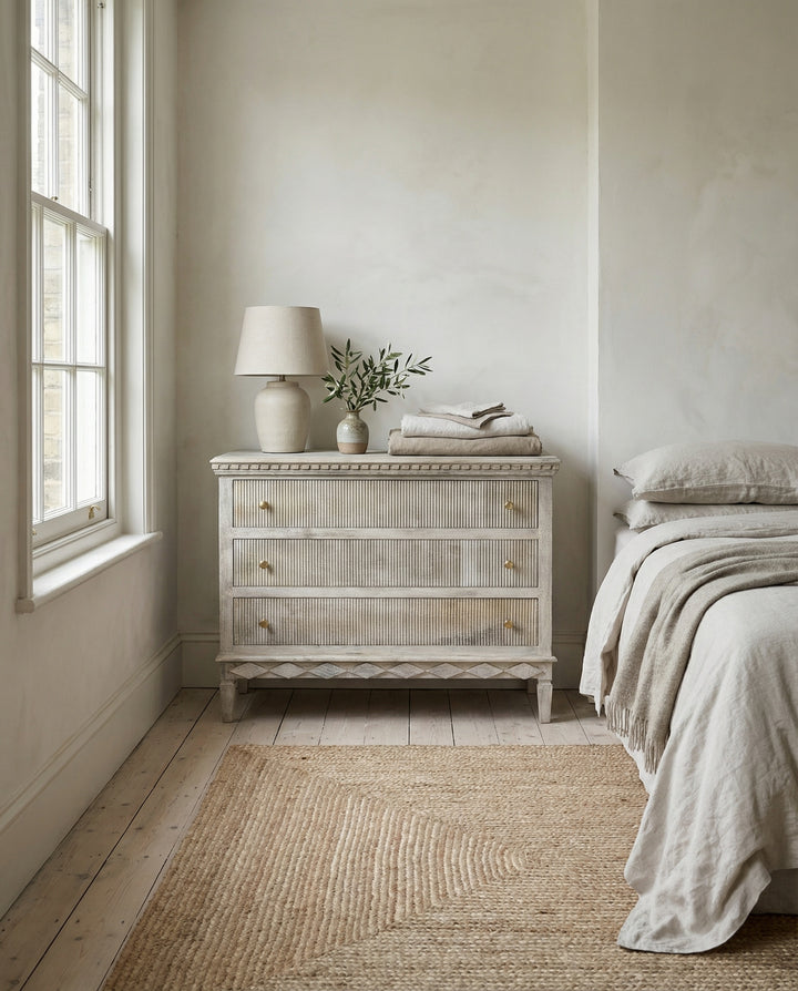 Whitewashed Mango Wood Chest of Drawers with Linear Carved Detail