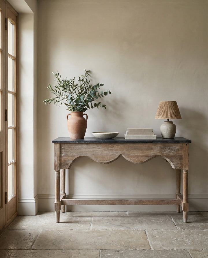 Natural Mango Wood Console Table with Black Grey Marble Top