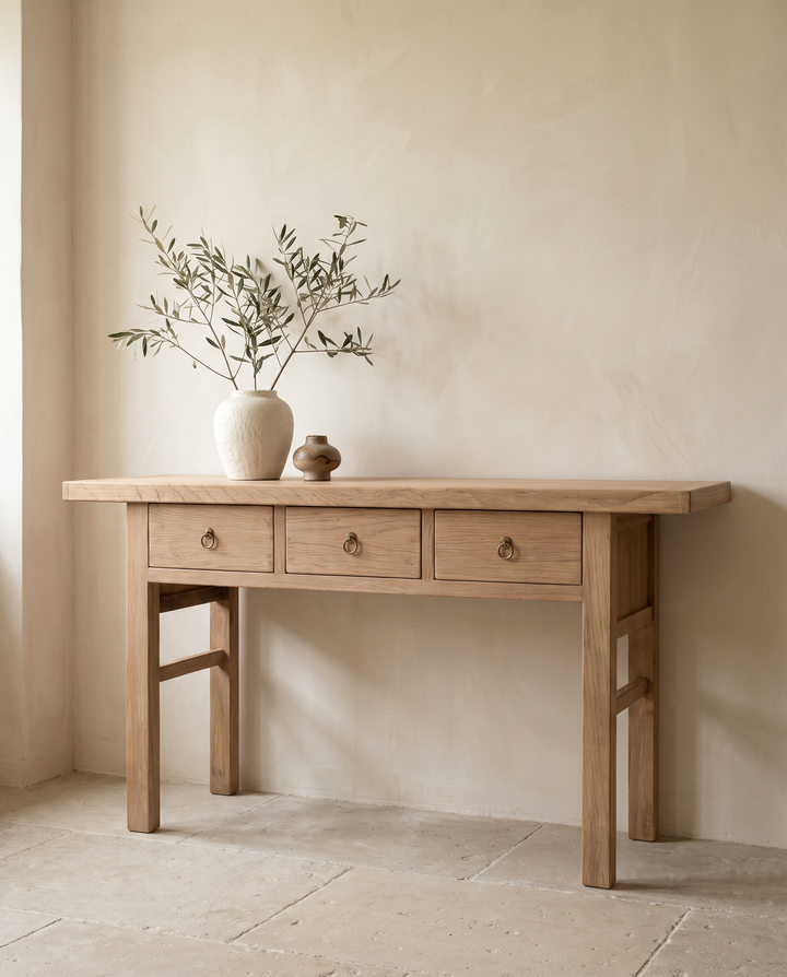 Product Title: Natural Elm 3 Drawer Console Table