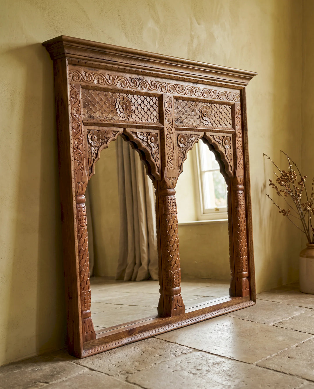 Hand-Carved Mango Wood Double Arch Mirror – Natural Finish