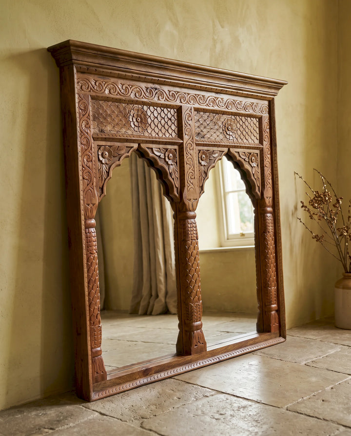 Hand-Carved Mango Wood Double Arch Mirror – Natural Finish